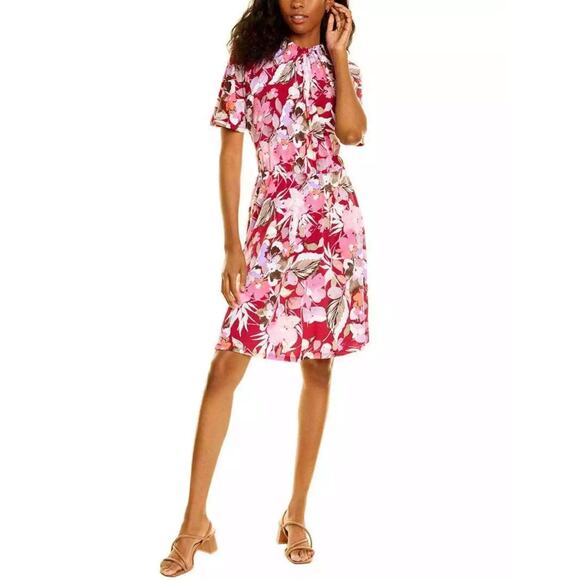 Maggy London Women's Flutter Sleeve Ruffle High Neck Blouson A-Line Midi Dress - Picture 1 of 15